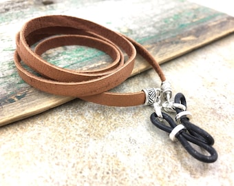 Premium Saddle Brown Deerskin Leather Eyeglass Chain, Rustic flat leather glasses strap. Eye Glasses chain choose silver or bronze hardware.