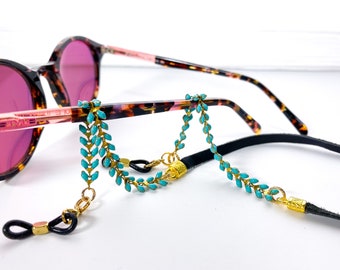Turquoise and gold eyeglass chain with black leather. Boho sunglasses neck strap. Cord for readers and reading glasses. Gifts women want.