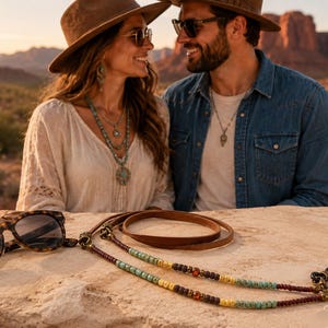Minimal style eyeglass chain. Matte brown, golden harvest and turquoise colored glass beads. Brown leather Sunglasses holder. Glasses cord. image 9