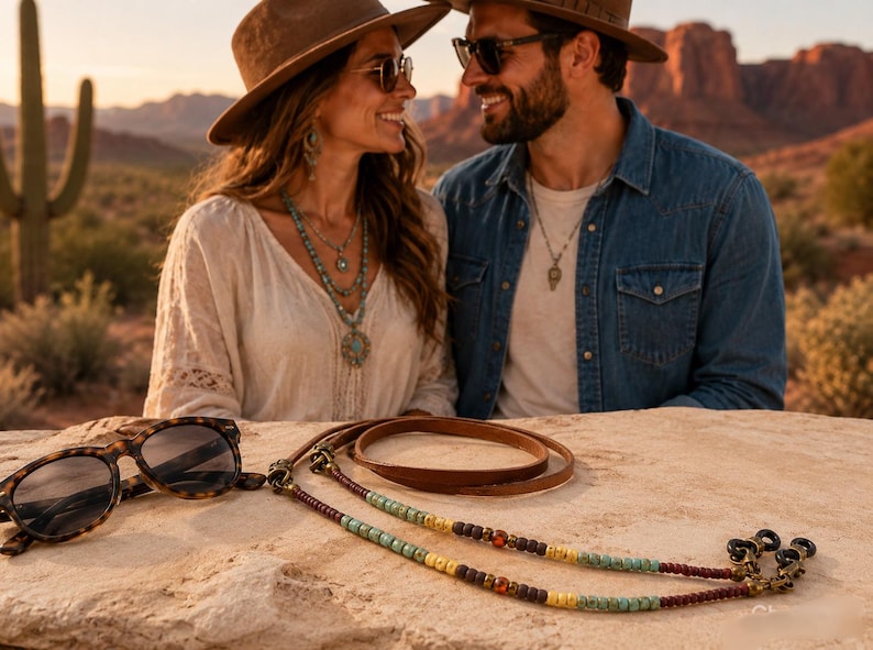Minimal style eyeglass chain. Matte brown, golden harvest and turquoise colored glass beads. Brown leather Sunglasses holder. Glasses cord. image 9