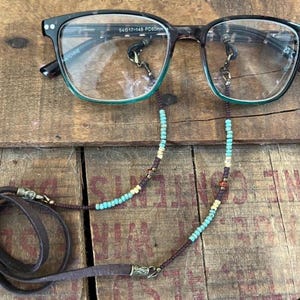 Minimal style eyeglass chain. Matte brown, golden harvest and turquoise colored glass beads. Brown leather Sunglasses holder. Glasses cord. image 13