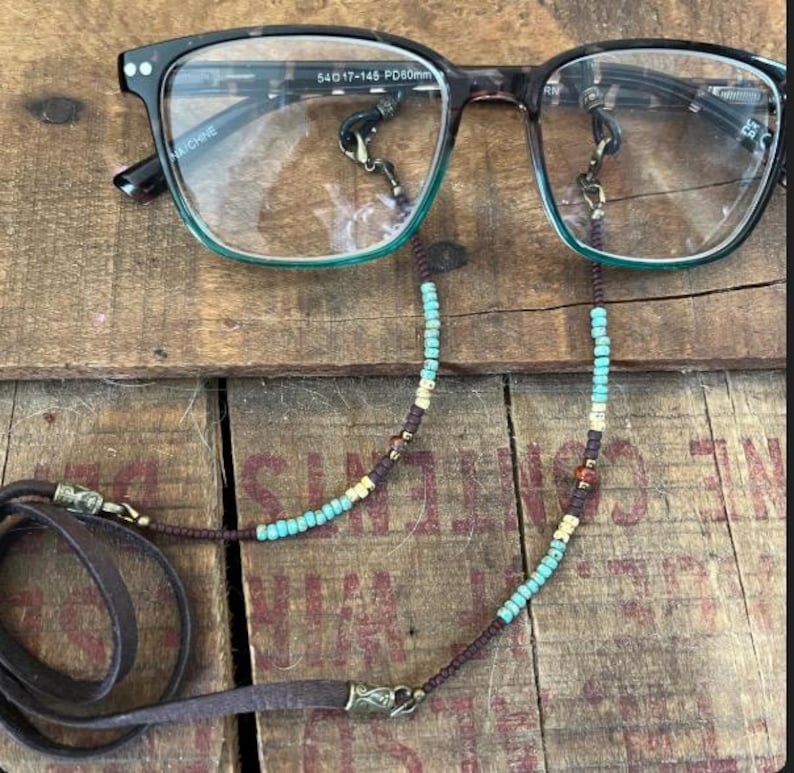 Minimal style eyeglass chain. Matte brown, golden harvest and turquoise colored glass beads. Brown leather Sunglasses holder. Glasses cord. image 13