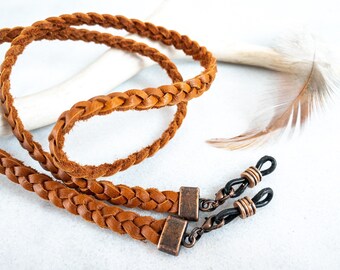 Braided Deerskin Leather Eyeglass Chain - Saddle Brown