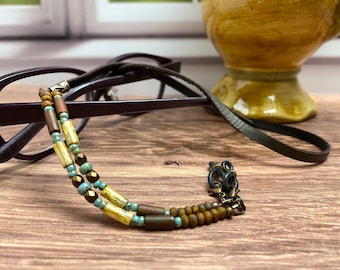 Boho eyeglass chain for men and women. Turquoise copper brown harvest beads. Brown leather neck strap for eye glasses and sunglasses.