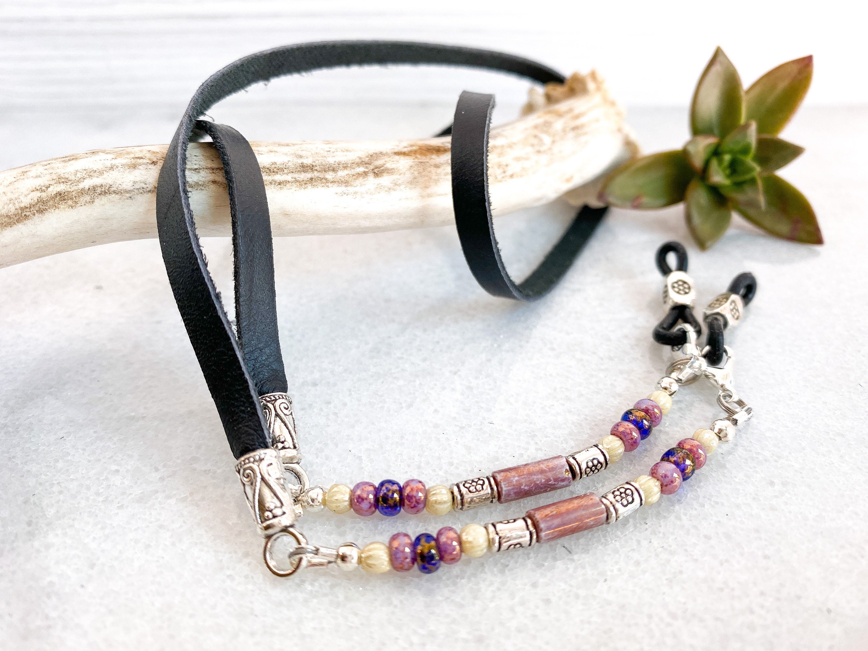 Beaded pink designer eyeglass chain with leather eyewear Etsy