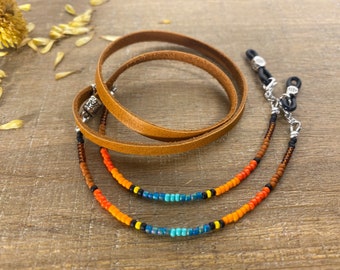 Brightly colored Western eye glasses chain with seed beads. Leather sunglasses strap eyeglass chain readers cord. Orange yellow turquoise.