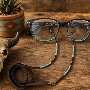 Minimal style eyeglass chain. Matte brown, golden harvest and turquoise colored glass beads. Brown leather Sunglasses holder. Glasses cord. image 4