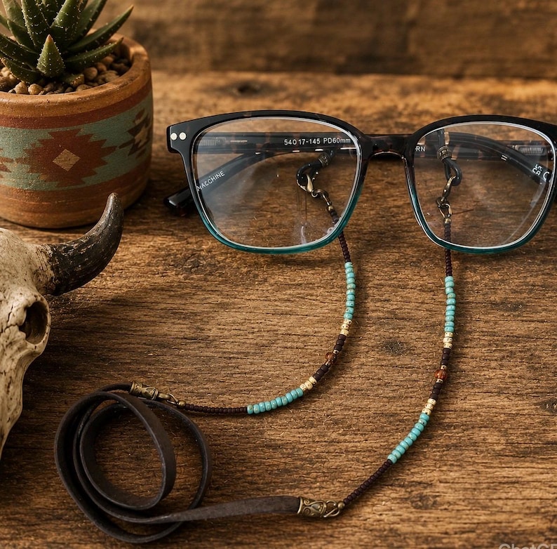 Minimal style eyeglass chain. Matte brown, golden harvest and turquoise colored glass beads. Brown leather Sunglasses holder. Glasses cord. image 4