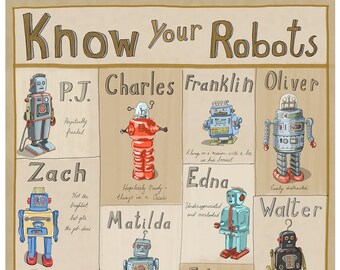 May include: A colorful illustration of 12 robots with names and personality descriptions. The robots are all different colors and designs, and they are all wearing expressions that reflect their personalities. The illustration is set against a light brown background.
