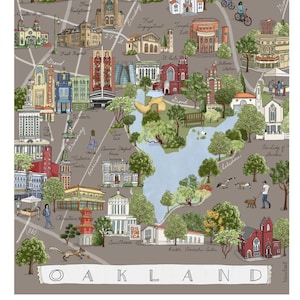 Illustrierte Karte von Oakland Kalifornien 33x48 cm Vertikaler Giclée-Druck