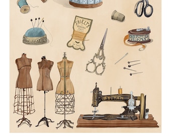 Vintage Sewing Art Print: Wall Decor for Seamstress and Fashion Design