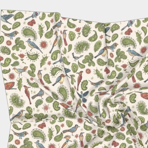 Colorful Birds and Green Paisley Leaves Bleed Pattern Scarf, Cream