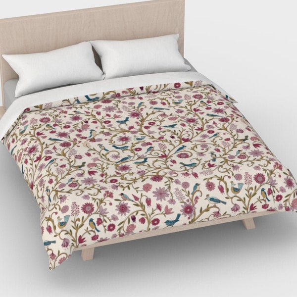 Colorful Folk Birds and Flowers 100% cotton sateen Duvet Cover in Cream Medium Scale Pattern Size
