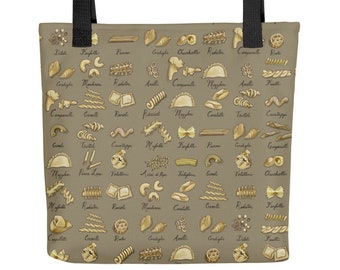 Italian Pasta Shapes Patterned Tote bag in Taupe II (smaller print scale)