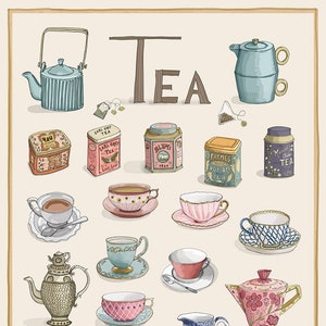 Puede incluir: Una ilustración de artículos relacionados con el té, incluyendo teteras, tazas de té, latas de té y bolsitas de té. La ilustración es de estilo vintage con un fondo beige claro.