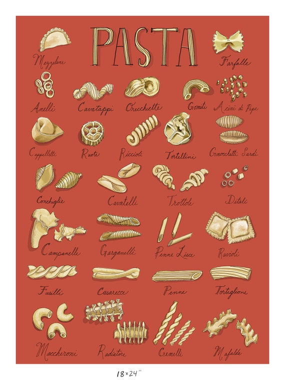Illustrated Pasta Shapes Tomato Red 18x24 or 24x36 Inch Wall Art