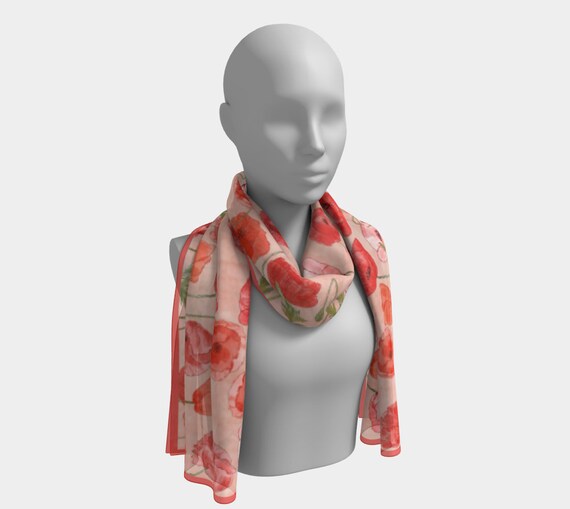 orange and red 16x72 inch or 10x45 inch Colorful Poppies Long Scarf in soft pink choice of material