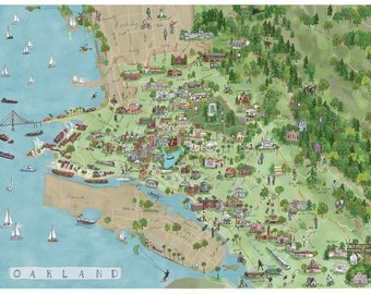 customizable Illustrated Map of Oakland Print on Archival Art Paper 18x24 or 24x31.5, or 24x36 inches