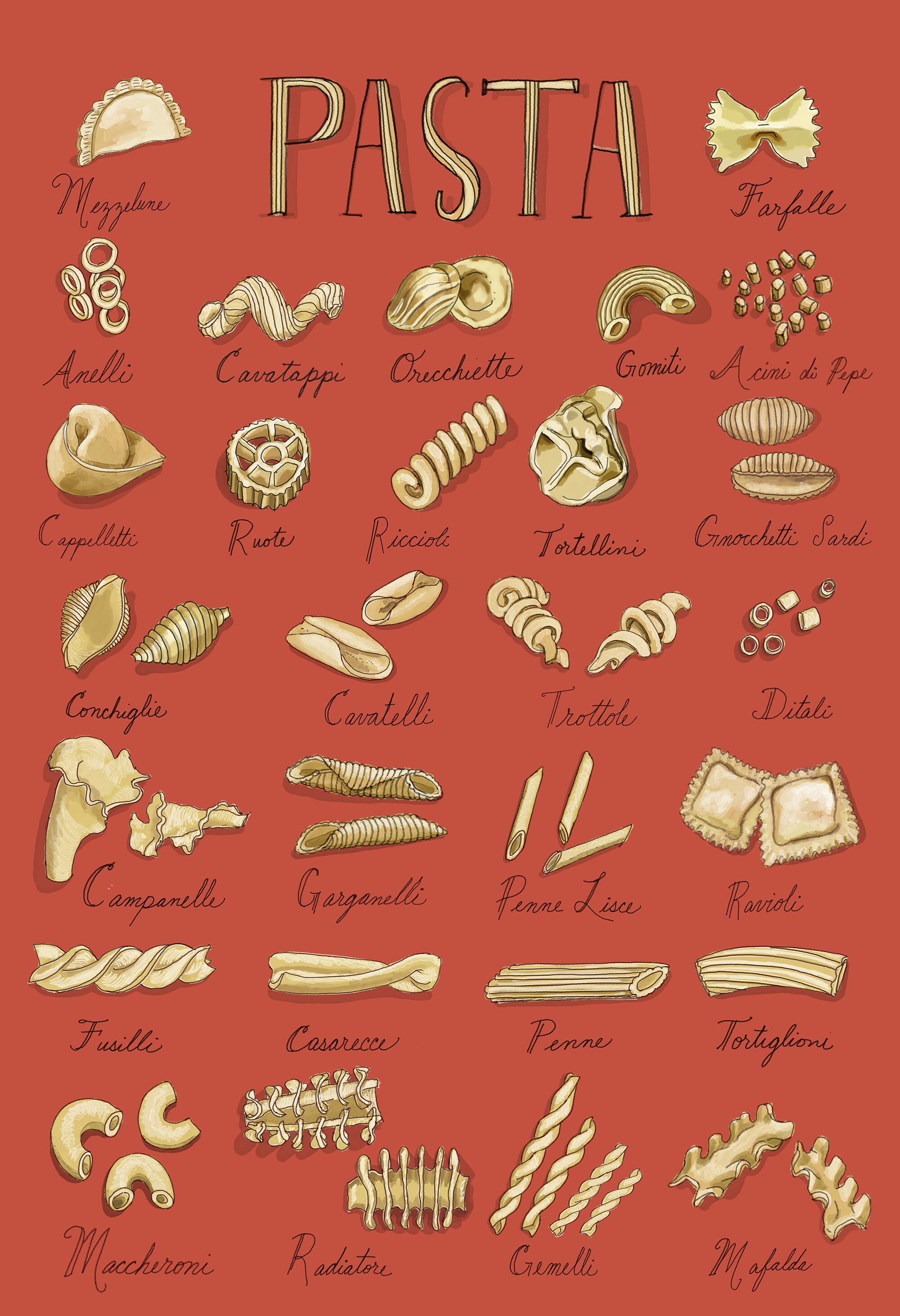 charm thai bistro oakland ca on Illustrated Pasta Shapes Tomato Red 13x19 Inch Giclee Print Etsy