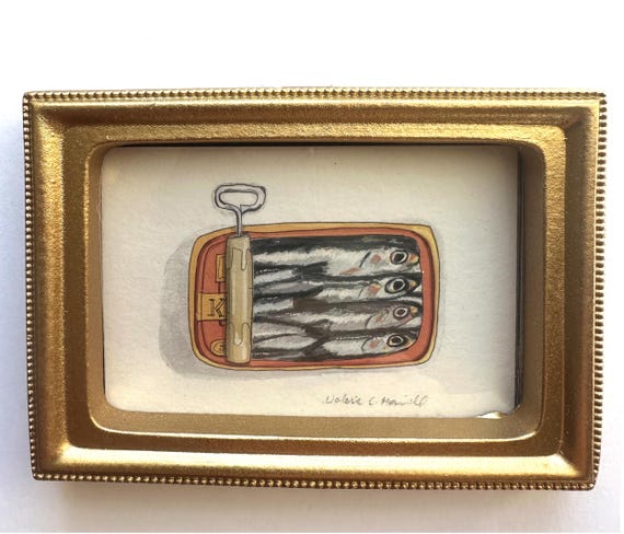 Sardines Art Print in Mini Gold Frame 3.5x2.5"