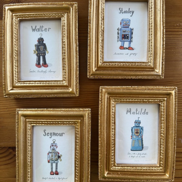 Retro Robots prints, drawings of vintage robots in mini gold frames; choose image