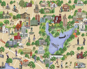 Oakland California Illustrated Map Print: Lake Merritt Art (13x19 or 11x14)
