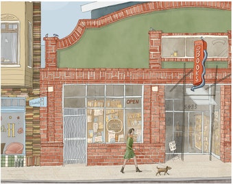 Oakland CA, Rockridge Neighborhood, College Ave, Girl Walking Dog near Diesel Bookstore Art Print