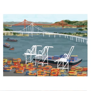 Oakland Art Print, Port of Oakland, View of Golden Gate Bridge,  Matted Print on Archival Paper