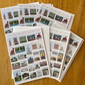Oakland-wenskaartenset, historische monumenten, set van ZES 5 x 7 blanco kaarten en enveloppen, Oakland Bay Area Art