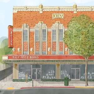 May include: A brick building with a red awning that says "Half Price Books". The building has a sign that says "S.H. Kress & Co. 5-10-25 Cent Store" and a sign that says "Kress". There is a tree in front of the building.