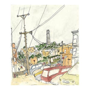 San Francisco Coit Tower Print: Pen and Ink Watercolor Street Scene