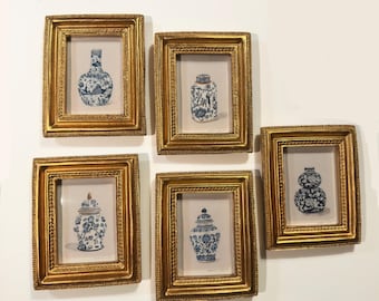 Mini Ginger Jar Art Prints in 2.5x3.5" or 3.75"x4.6"h Gold Frames for Hanging
