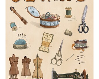 Vintage Sewing Fashion Seamstress Wall Art Print Vintage