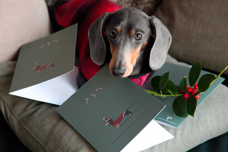 Carte de Noël de Dapple Dachshund de chocolat avec des arbres de Noël image 3