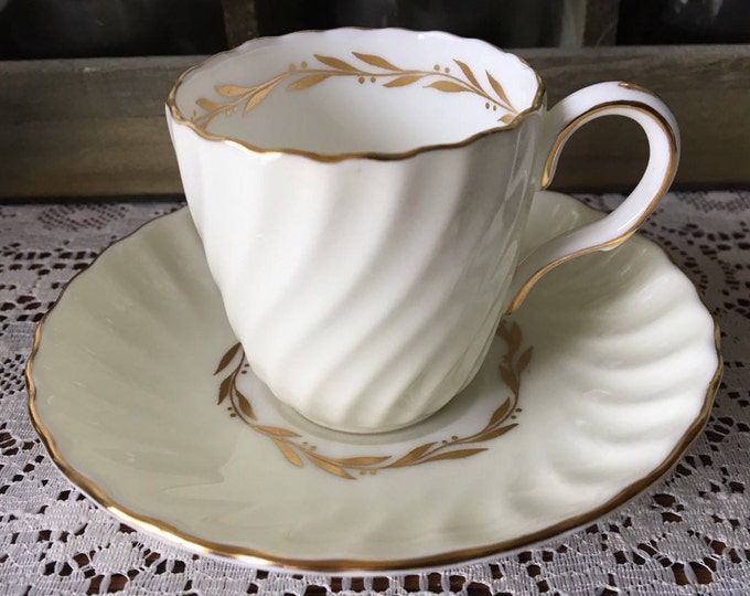 Mintons Demitasse Cup and Saucer White Gold Tea Cup Swirled Scalloped