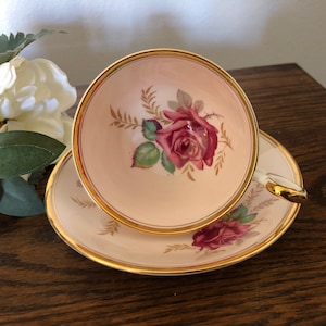 Sampson Smith Old Royal Bone China Teacup Pink Red Roses Gold Trim 3121 Cup Saucer