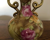Antique Nippon Dual Handled Squat Vase Raised Gold Moriage Bulbous Vase Handpainted Yellow Pink Roses Maple Leaf Mark