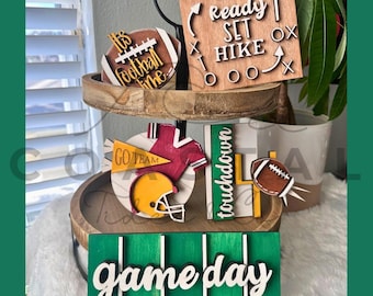 Football Tiered Tray Decor Set: Game Day Mini Signs, Helmet, Pennant