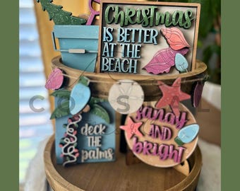 Coastal Christmas Tiered Tray Decor Bundle, Beach Mini Signs