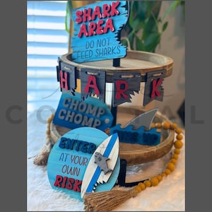 Shark Tiered Tray Bundle, Shark Week Tier Tray Decor, Shark Decor, Mini Shark Signs | Coastal Home Decor | Sharks | Beach Decor