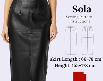 May include: A black leather skirt with a front slit, part of a sewing pattern. The text on the image reads "Skirt Sola Sewing Pattern Instructions". The skirt length is 26-30 inches, and the height is 61-70 inches. PDF.