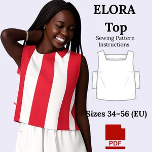 May include: A sleeveless top with vertical red and white stripes. The image includes the text "ELORA Top Sewing Pattern Instructions" and "Sizes 34-56 (EU)". A PDF icon is also visible.