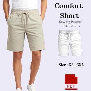 以下が含まれることがあります： ベージュ色のコンフォートショーツ。ウエストはドローストリングで、ポケットが付いています。画像にはショーツのスケッチと「Comfort Short Sewing Pattern Instructions」と「Size: XS--3XL」の文字が含まれています。PDFアイコンも表示されています。