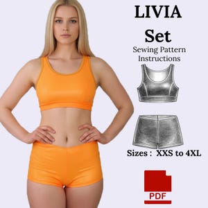 Puede incluir: Conjunto deportivo naranja brillante, que incluye un sujetador deportivo y pantalones cortos. La imagen incluye el texto "LIVIA Set Sewing Pattern Instructions" y "Tallas: XXS a 4XL". También hay un icono PDF.