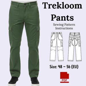 以下が含まれることがあります： 複数のポケットが付いた緑色のカーゴパンツ。縫製パターン図と「Trekloom Pants」のテキストが表示されています。サイズは48～56（EU）です。PDFアイコンが表示されています。