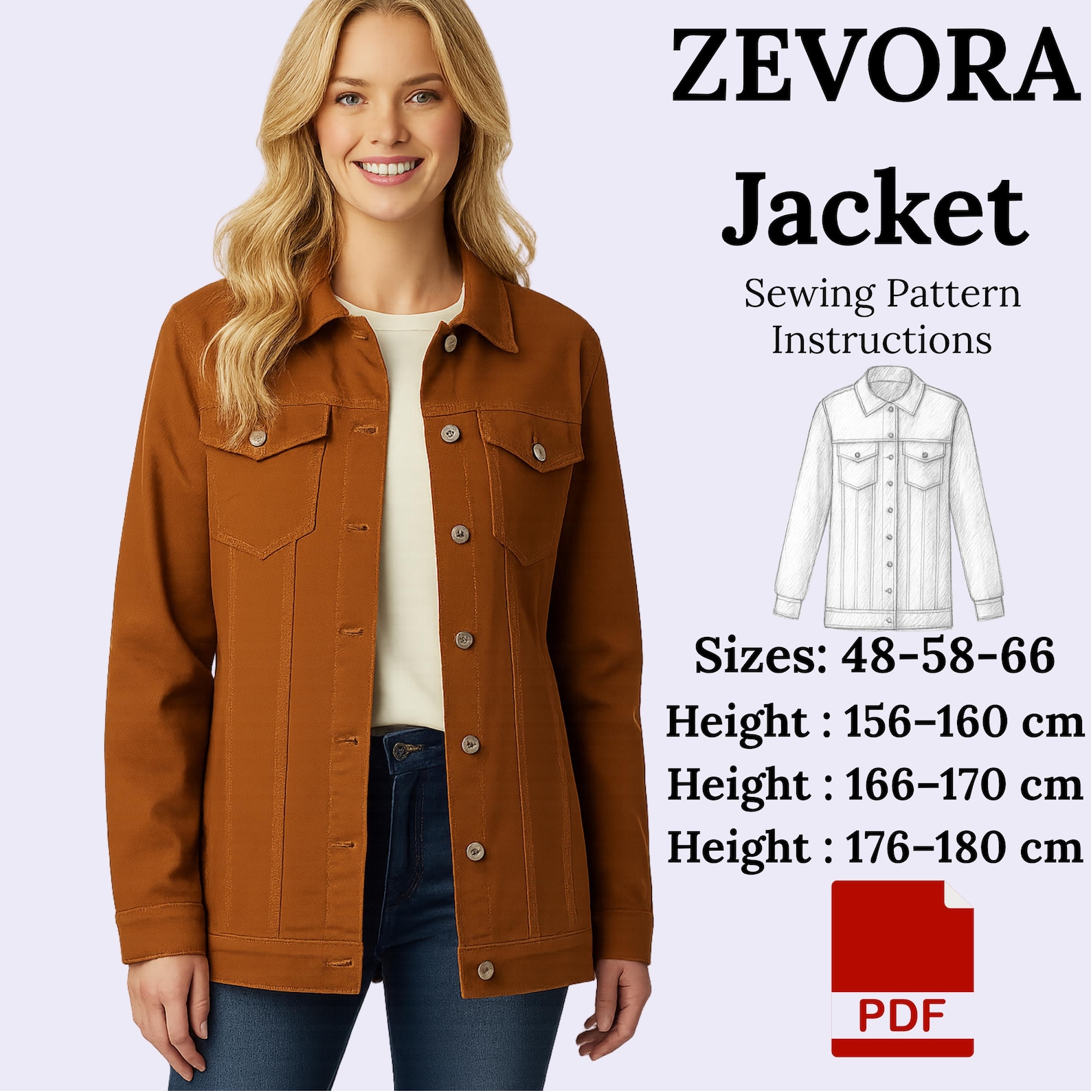 Zevora ZEVORA Denim Jacket Sewing Pattern (sizes 48-66 A4 PDF) - Etsy