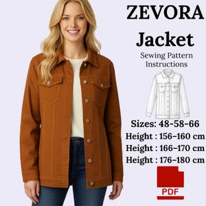 Könnte beinhalten: Eine rostfarbene Jacke mit Knopfverschlüssen und Brusttaschen. Das Bild enthält den Text "ZEVORA Jacket Sewing Pattern Instructions" sowie Größen- und Höhenangaben in cm. Ein PDF-Symbol ist ebenfalls vorhanden.