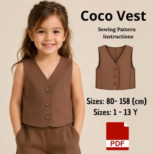 May include: A brown sleeveless vest with a V-neckline and three front buttons. The text reads Coco Vest Sewing Pattern Instructions, Sizes: 80- 158 (cm), Sizes: 1 - 13 Y, and includes a PDF icon. The vest is shown on a person and as a flat illustration.