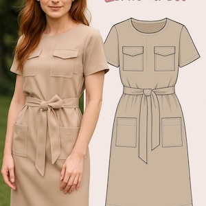 Lena Dress PDF Sewing Pattern: Casual Belted Shirt Dress with Pockets (Digital Download) Beginner-Friendly