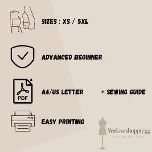 Op de afbeelding: Een beige afbeelding met tekst en pictogrammen voor een naaipatroon. De tekst bevat "MATEN: XS / 5XL", "GEAVANCEERDE BEGINNER", "A4/US LETTER + NAAIGIDS" en "EENVOUDIG PRINTEN". Een PDF-pictogram en een printerpictogram zijn ook aanwezig.
